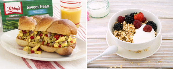 Breakfast scramble sandwich, and oatmeal with fruit and yogurt